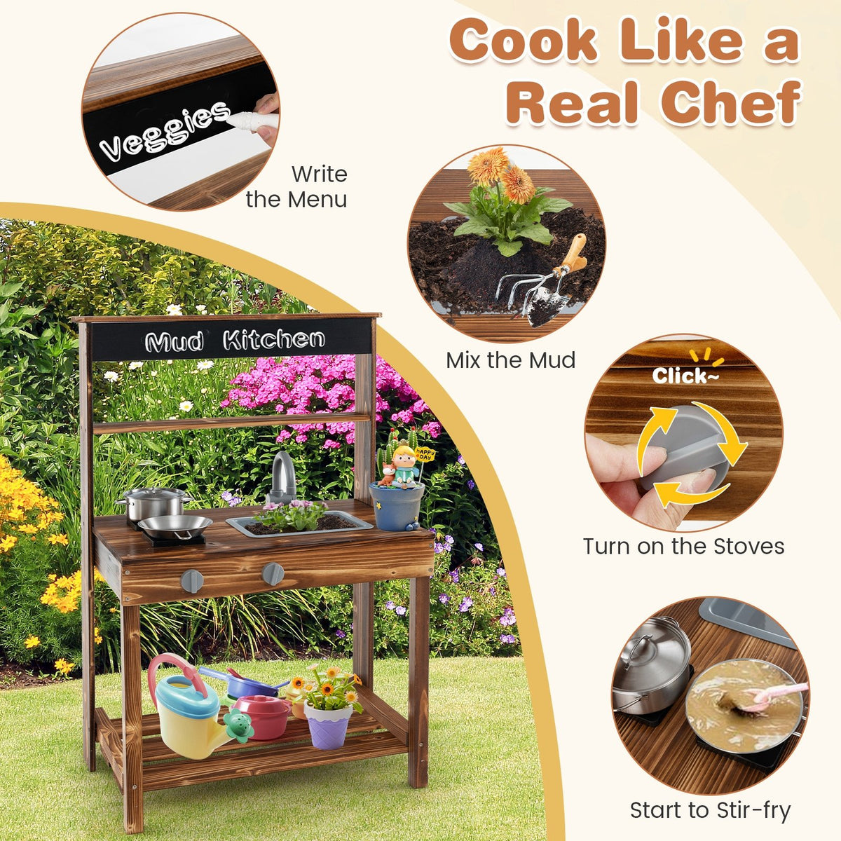 Outdoor Mud Kitchen for Kids with Rotatable Faucet and Removable Sink-Natural view 6
