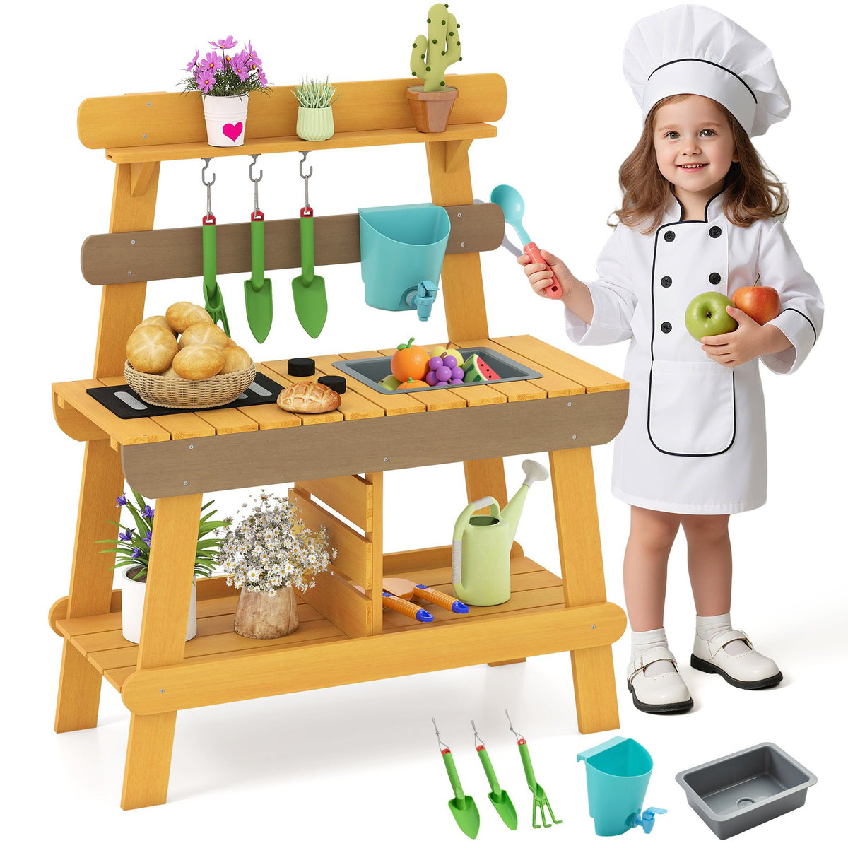 Outdoor Mud Kitchen for Kids Wooden Play Kitchen Toy for Boys Girls Aged 3-8-Yellow view 6