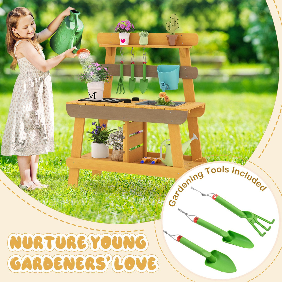 Outdoor Mud Kitchen for Kids Wooden Play Kitchen Toy for Boys Girls Aged 3-8-Yellow view 8