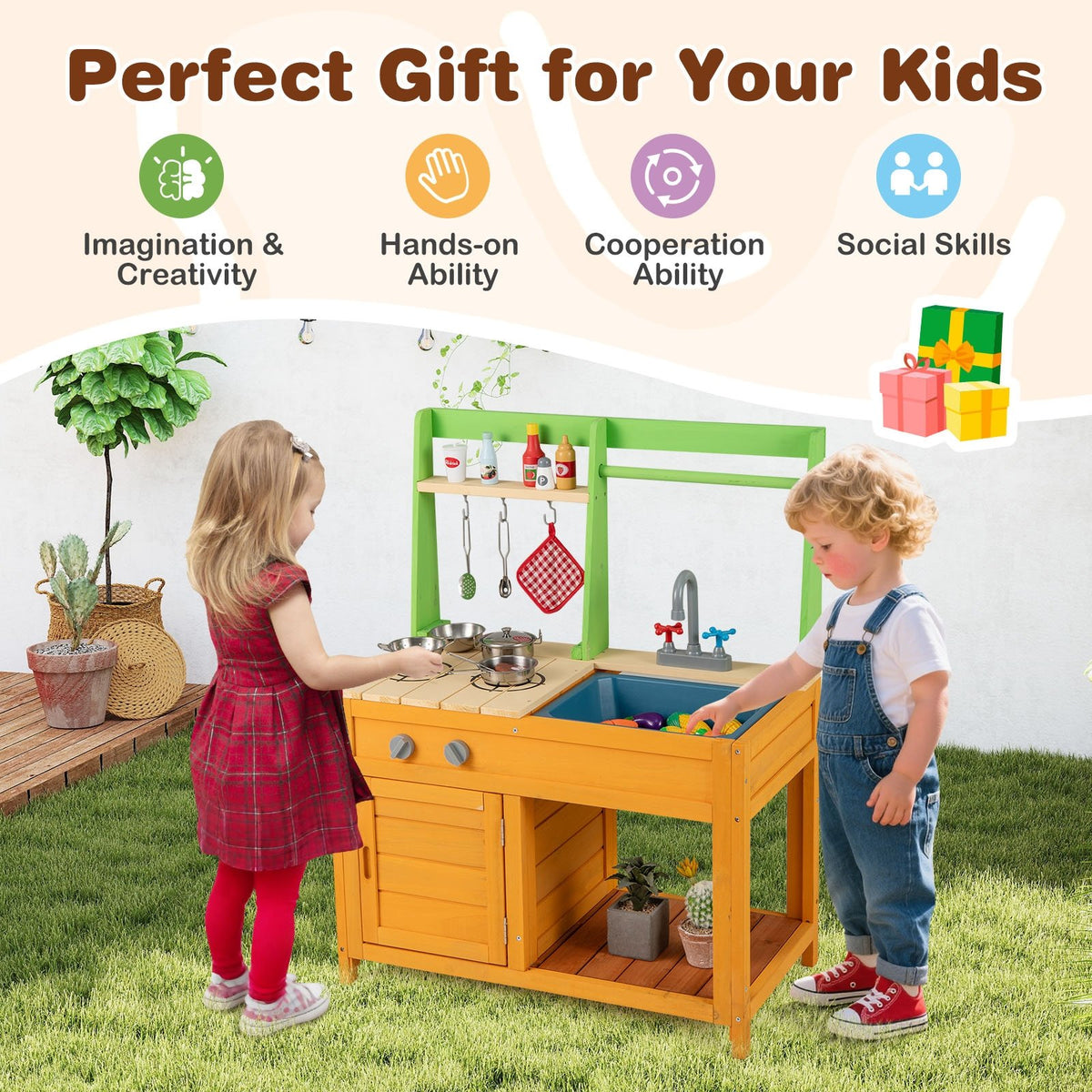 Outdoor Mud Kitchen Playset for Girls and Boys 3+ Years Old-Orange view 9