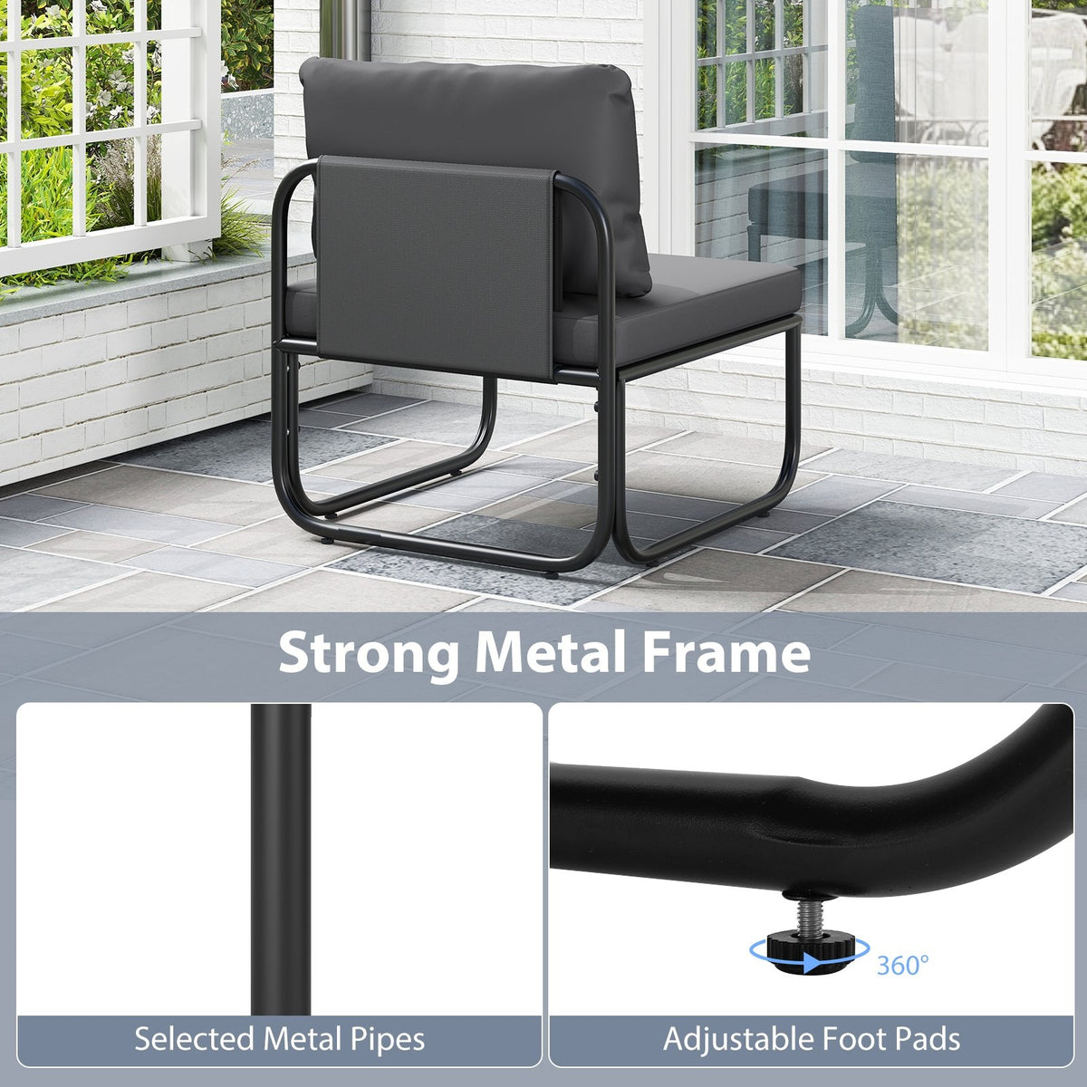 Outdoor Patio Chairs Set of 2 with Removable Cushions and Adjustable Foot Pads-Gray view 5
