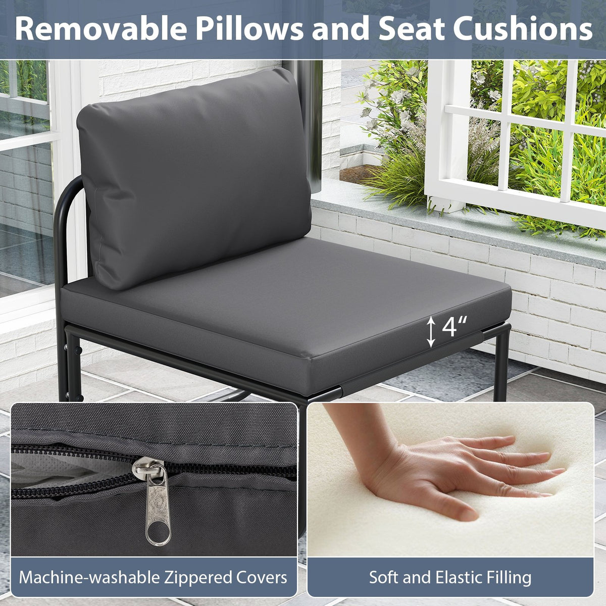Outdoor Patio Chairs Set of 2 with Removable Cushions and Adjustable Foot Pads-Gray view 7
