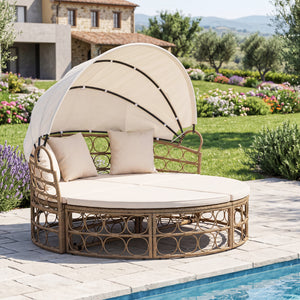 Outdoor Patio Daybed with Retractable Canopy and Cushions Yellow Wicker Rattan Furniture Set-White view 2