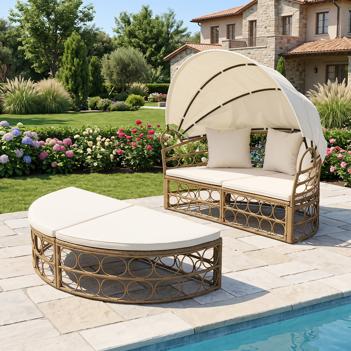 Outdoor Patio Daybed with Retractable Canopy and Cushions Yellow Wicker Rattan Furniture Set-White view 3