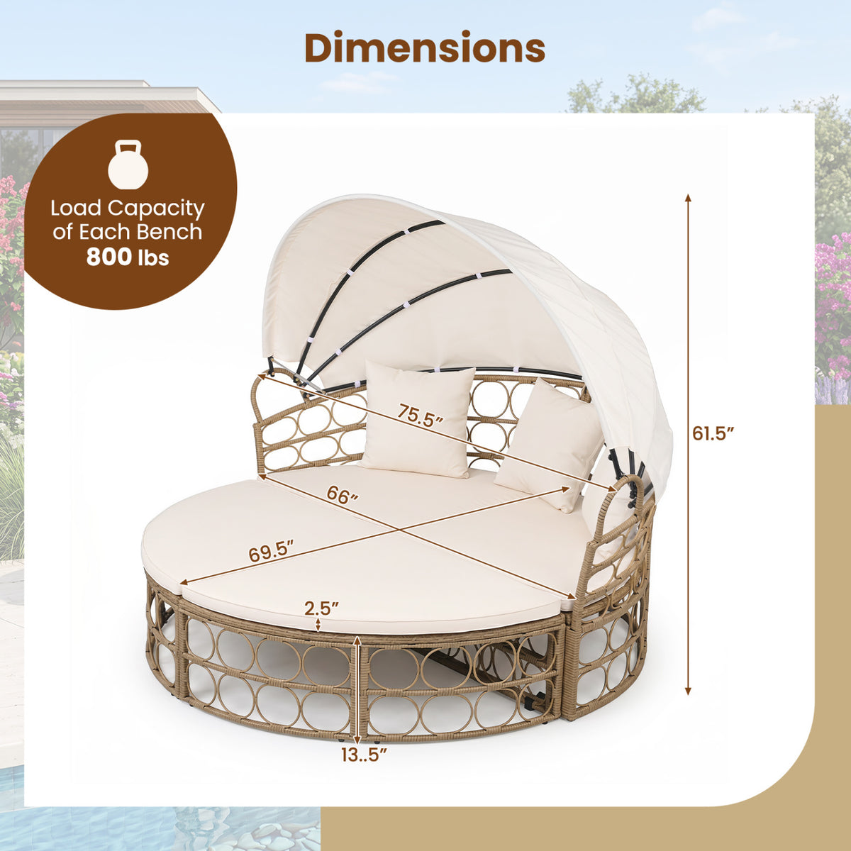 Outdoor Patio Daybed with Retractable Canopy and Cushions Yellow Wicker Rattan Furniture Set-White view 4