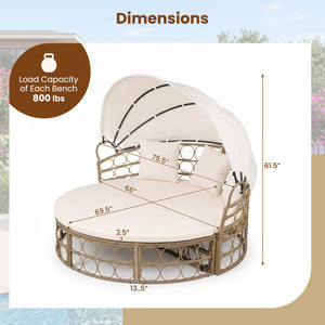 Outdoor Patio Daybed with Retractable Canopy and Cushions Yellow Wicker Rattan Furniture Set-White view 4