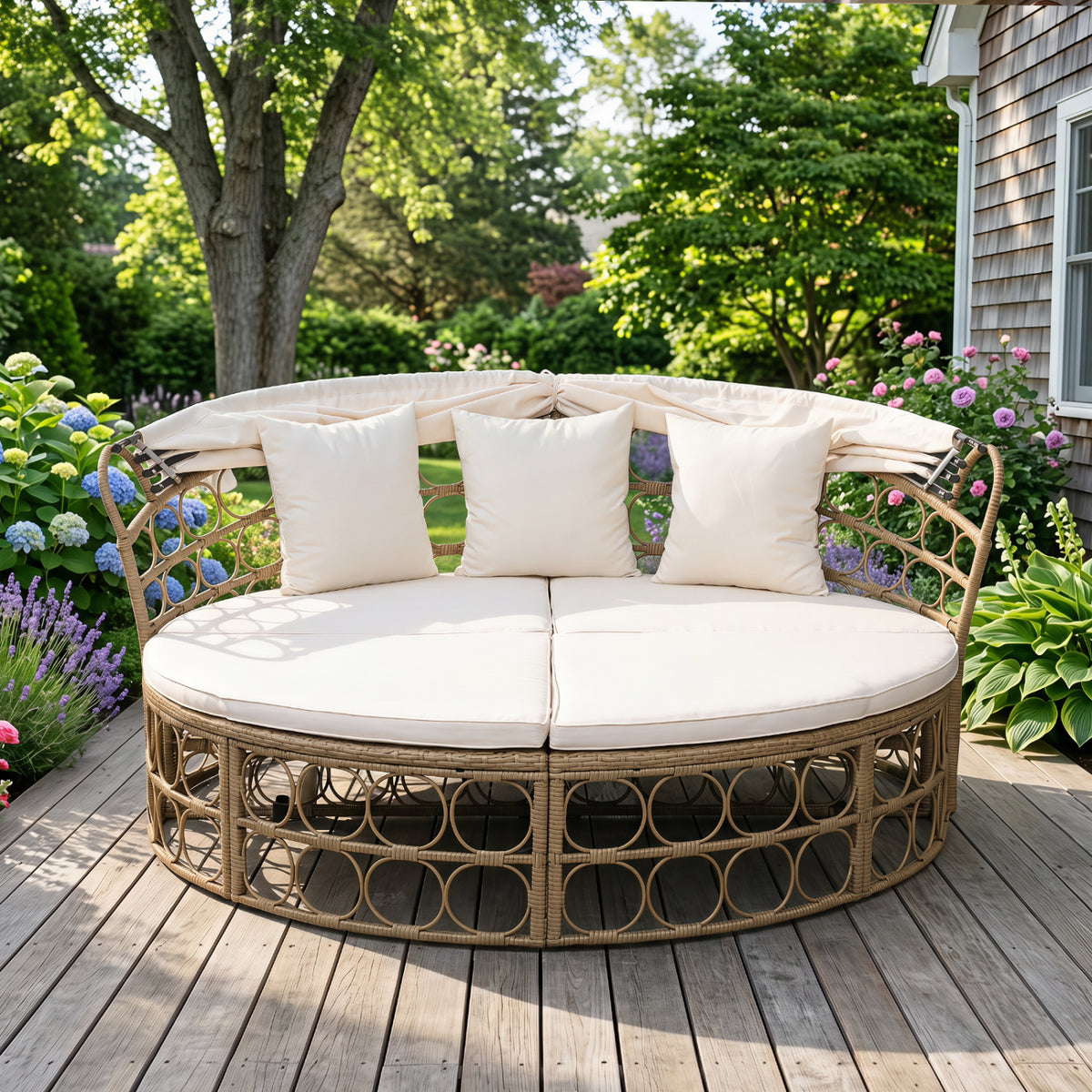 Outdoor Patio Daybed with Retractable Canopy and Cushions Yellow Wicker Rattan Furniture Set-White view 5