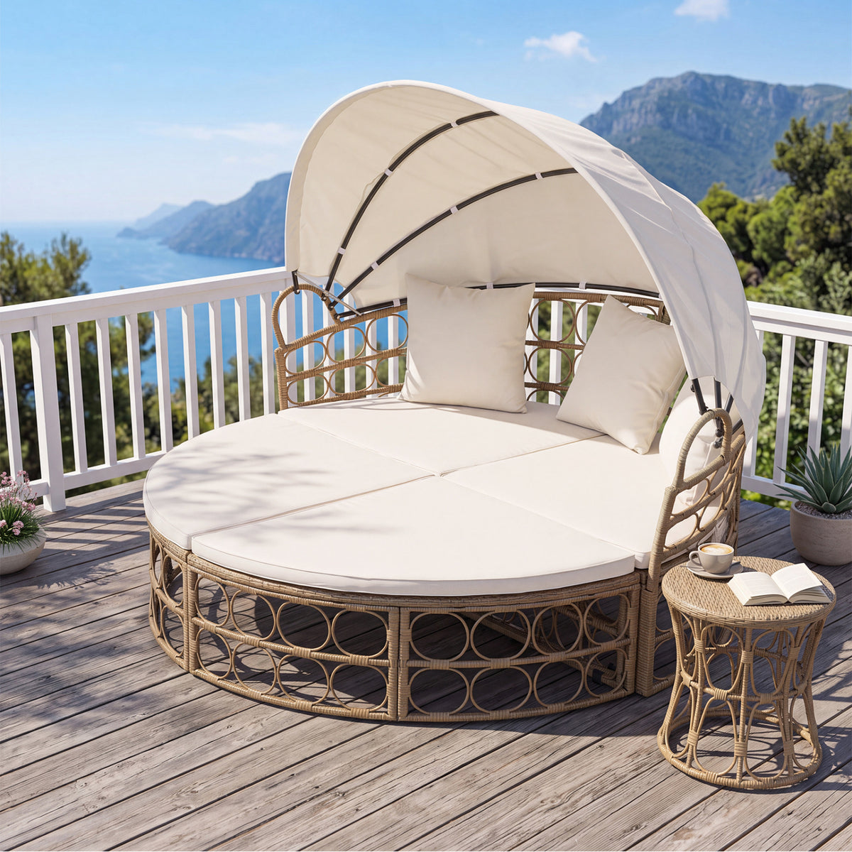 Outdoor Patio Daybed with Retractable Canopy and Cushions Yellow Wicker Rattan Furniture Set-White view 6