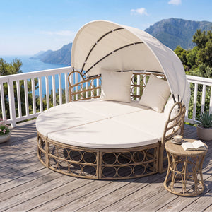 Outdoor Patio Daybed with Retractable Canopy and Cushions Yellow Wicker Rattan Furniture Set-White view 6