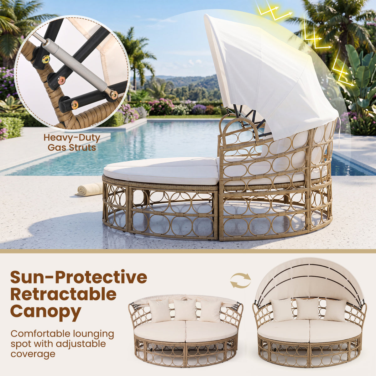 Outdoor Patio Daybed with Retractable Canopy and Cushions Yellow Wicker Rattan Furniture Set-White view 7
