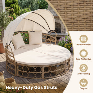 Outdoor Patio Daybed with Retractable Canopy and Cushions Yellow Wicker Rattan Furniture Set-White view 8