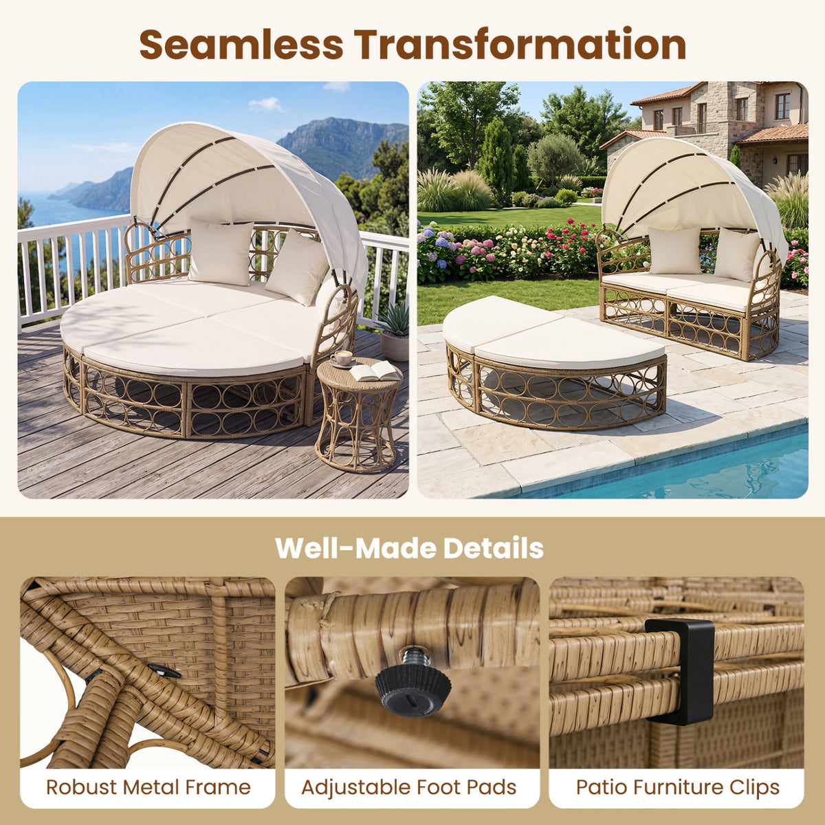 Outdoor Patio Daybed with Retractable Canopy and Cushions Yellow Wicker Rattan Furniture Set-White view 9