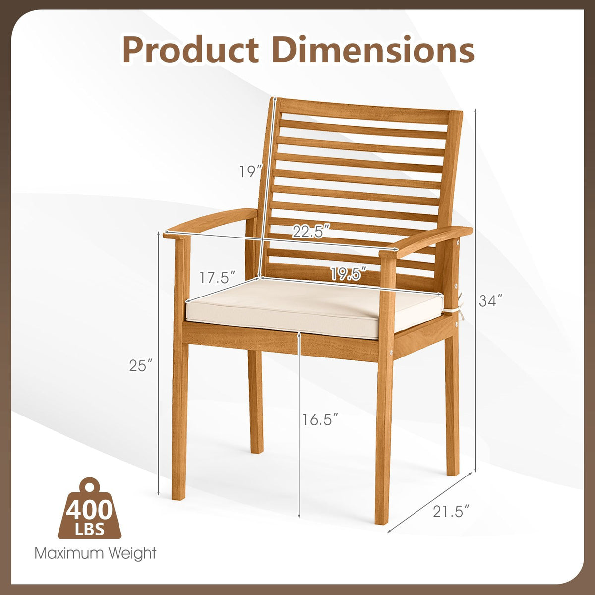 Outdoor Patio Dining Chairs Set of 2 with Removable Padded Cushion and Slatted Backrest-Beige view 5