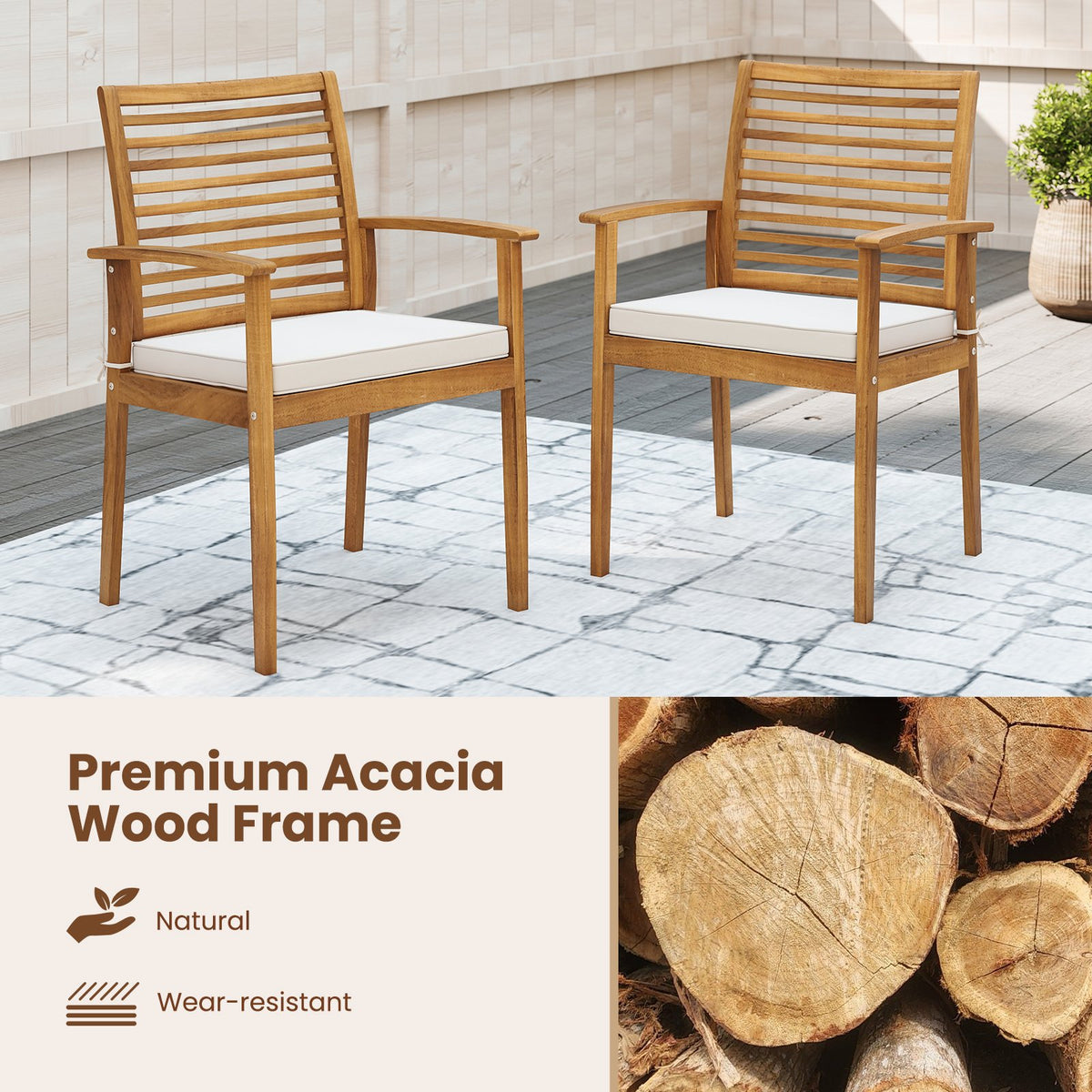 Outdoor Patio Dining Chairs Set of 2 with Removable Padded Cushion and Slatted Backrest-Beige view 6