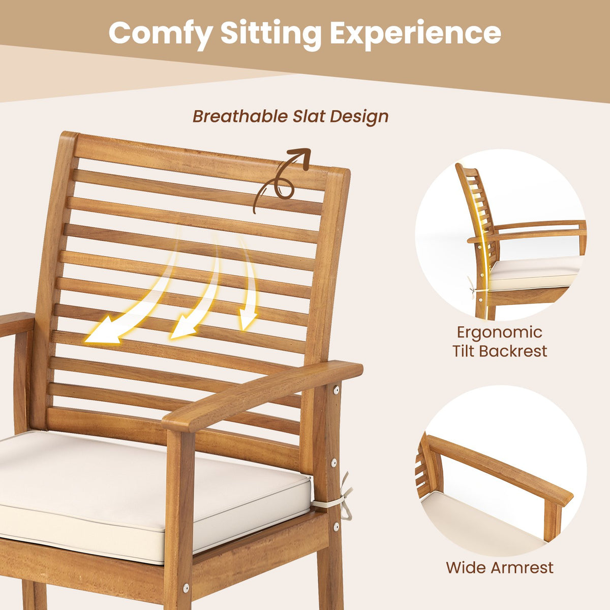 Outdoor Patio Dining Chairs Set of 2 with Removable Padded Cushion and Slatted Backrest-Beige view 7