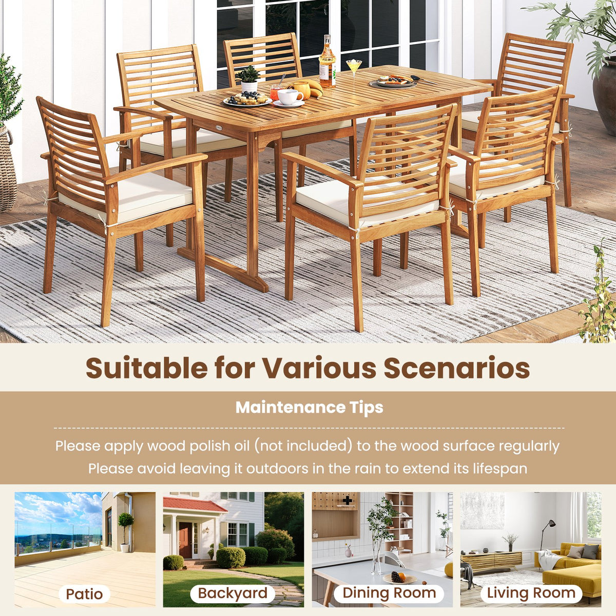 Outdoor Patio Dining Chairs Set of 2 with Removable Padded Cushion and Slatted Backrest-Beige view 9