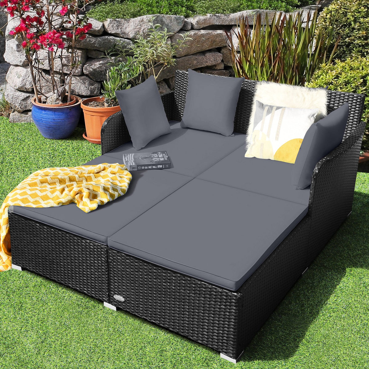 Spacious Outdoor Rattan Daybed with Upholstered Cushions and Pillows-Gray view 2
