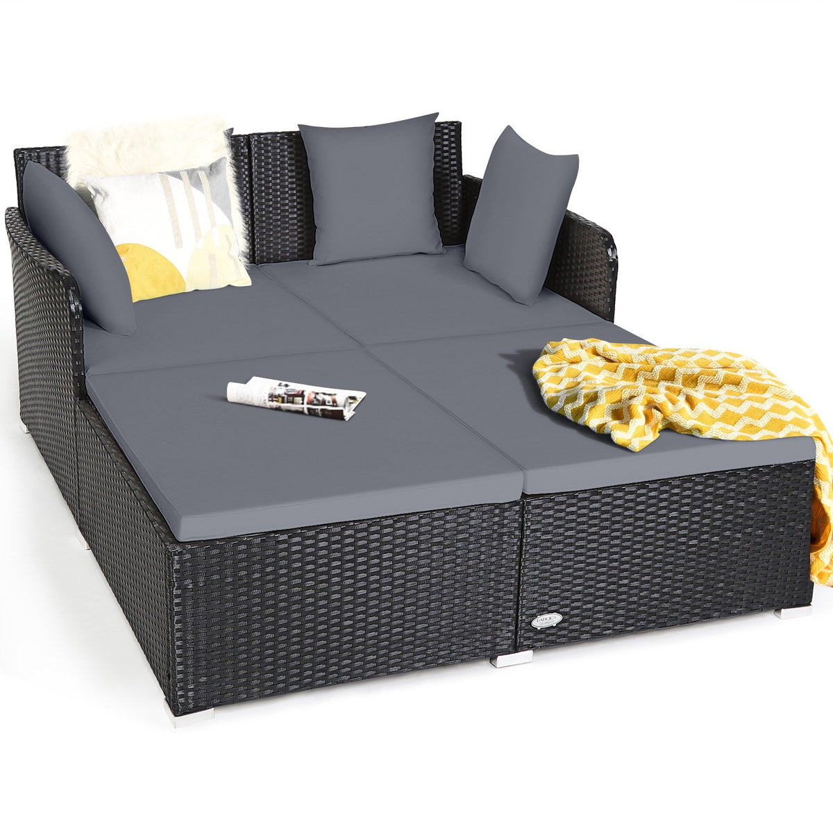 Spacious Outdoor Rattan Daybed with Upholstered Cushions and Pillows-Gray view 4