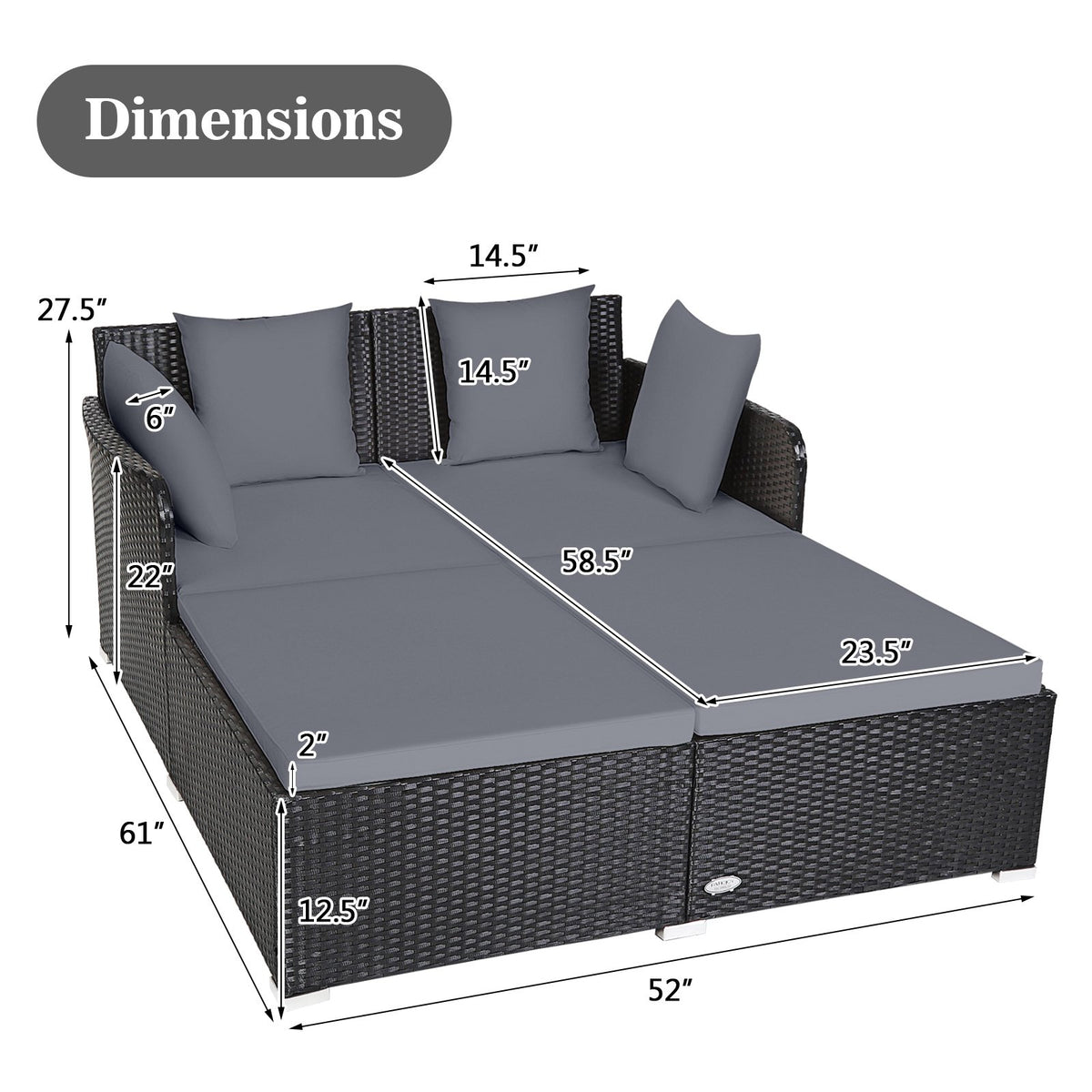 Spacious Outdoor Rattan Daybed with Upholstered Cushions and Pillows-Gray view 5