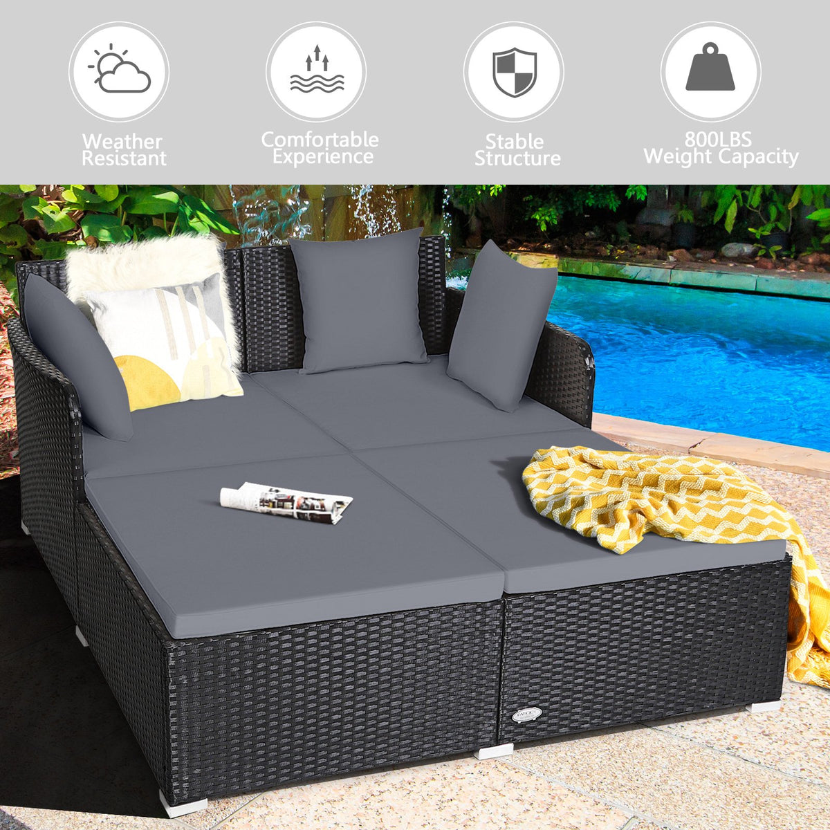 Spacious Outdoor Rattan Daybed with Upholstered Cushions and Pillows-Gray view 9
