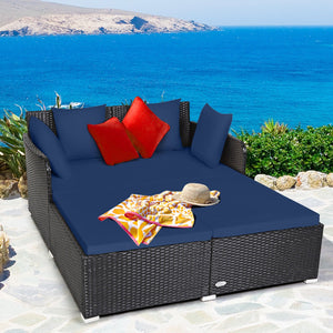 Spacious Outdoor Rattan Daybed with Upholstered Cushions and Pillows-Navy view 2