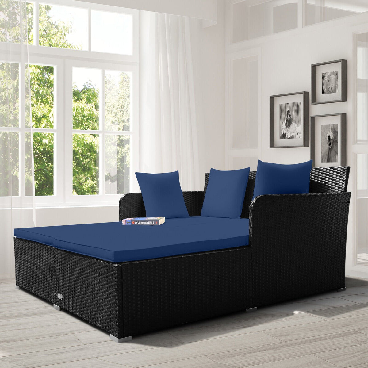 Spacious Outdoor Rattan Daybed with Upholstered Cushions and Pillows-Navy view 3