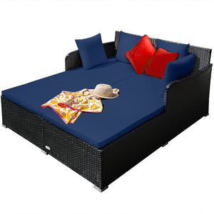 Spacious Outdoor Rattan Daybed with Upholstered Cushions and Pillows-Navy view 7