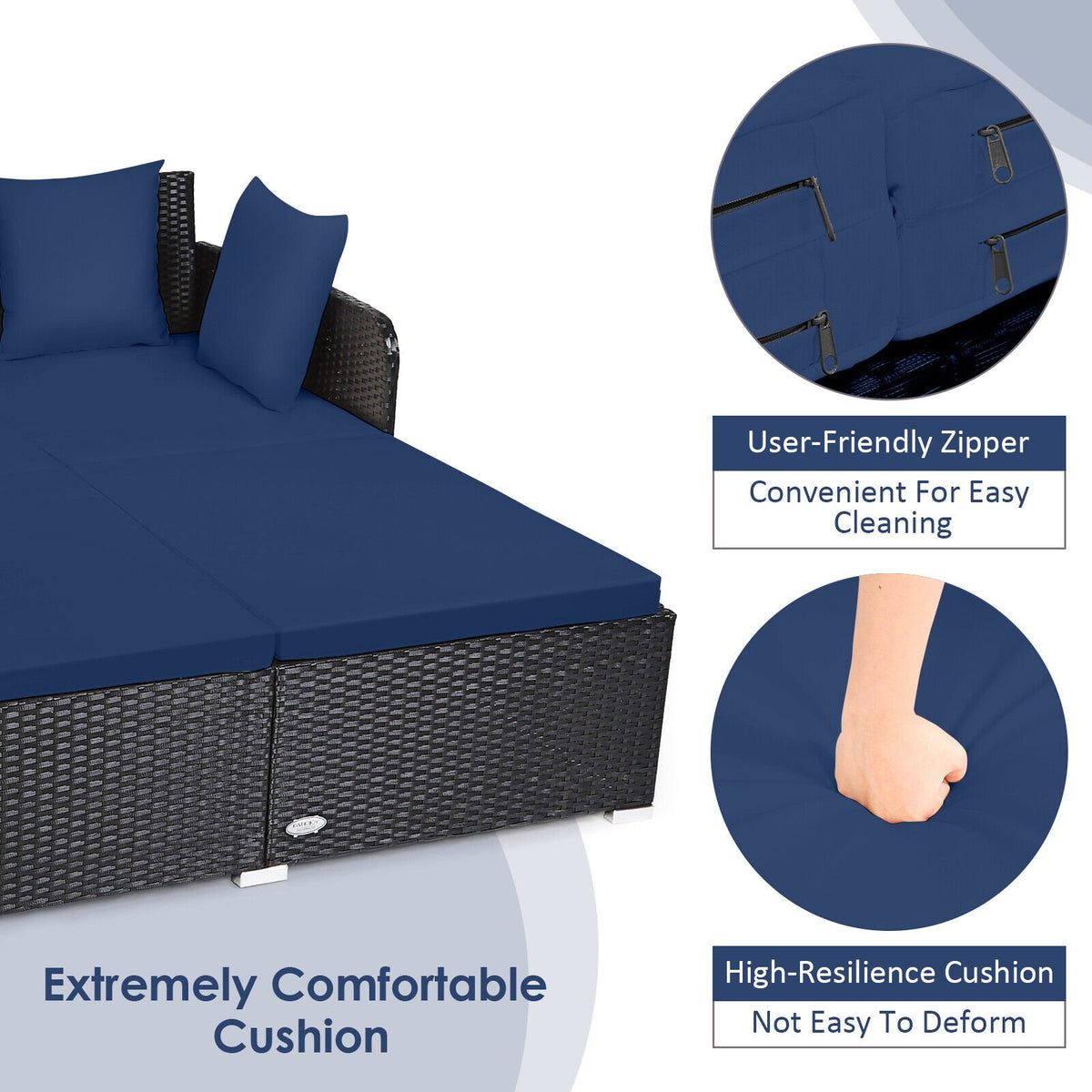 Spacious Outdoor Rattan Daybed with Upholstered Cushions and Pillows-Navy view 8