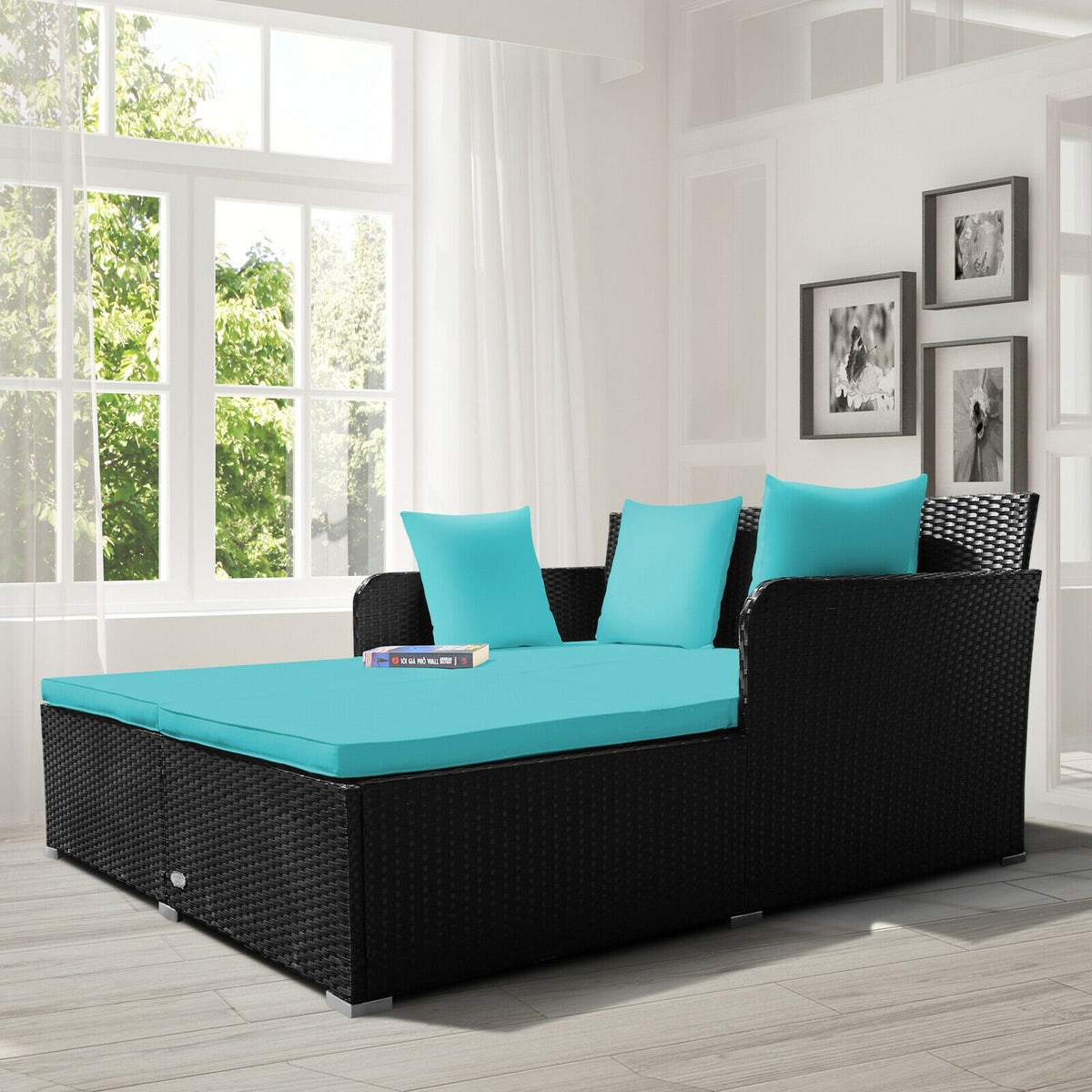 Spacious Outdoor Rattan Daybed with Upholstered Cushions and Pillows-Turquoise view 2