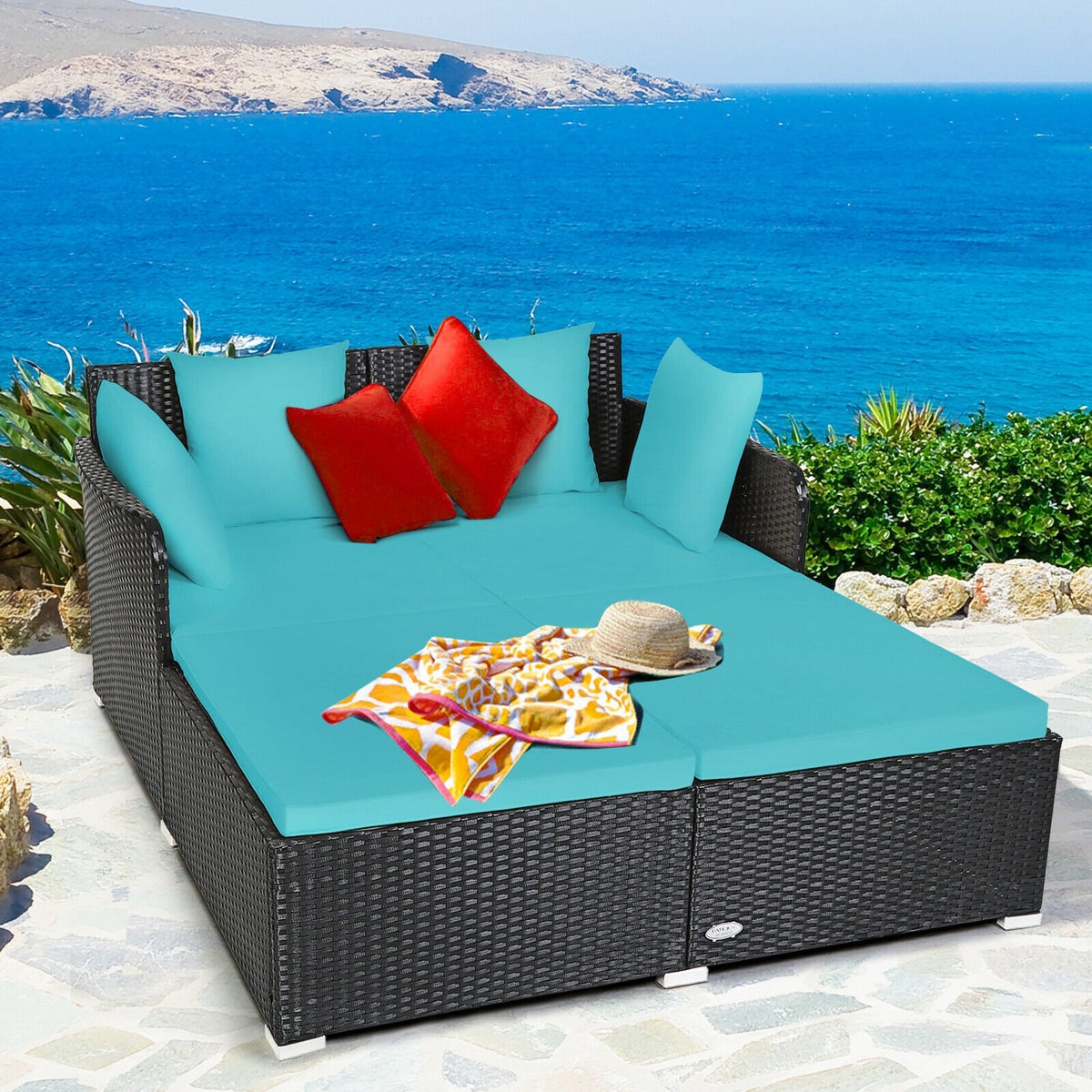 Spacious Outdoor Rattan Daybed with Upholstered Cushions and Pillows-Turquoise view 3