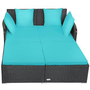 Spacious Outdoor Rattan Daybed with Upholstered Cushions and Pillows-Turquoise view 4