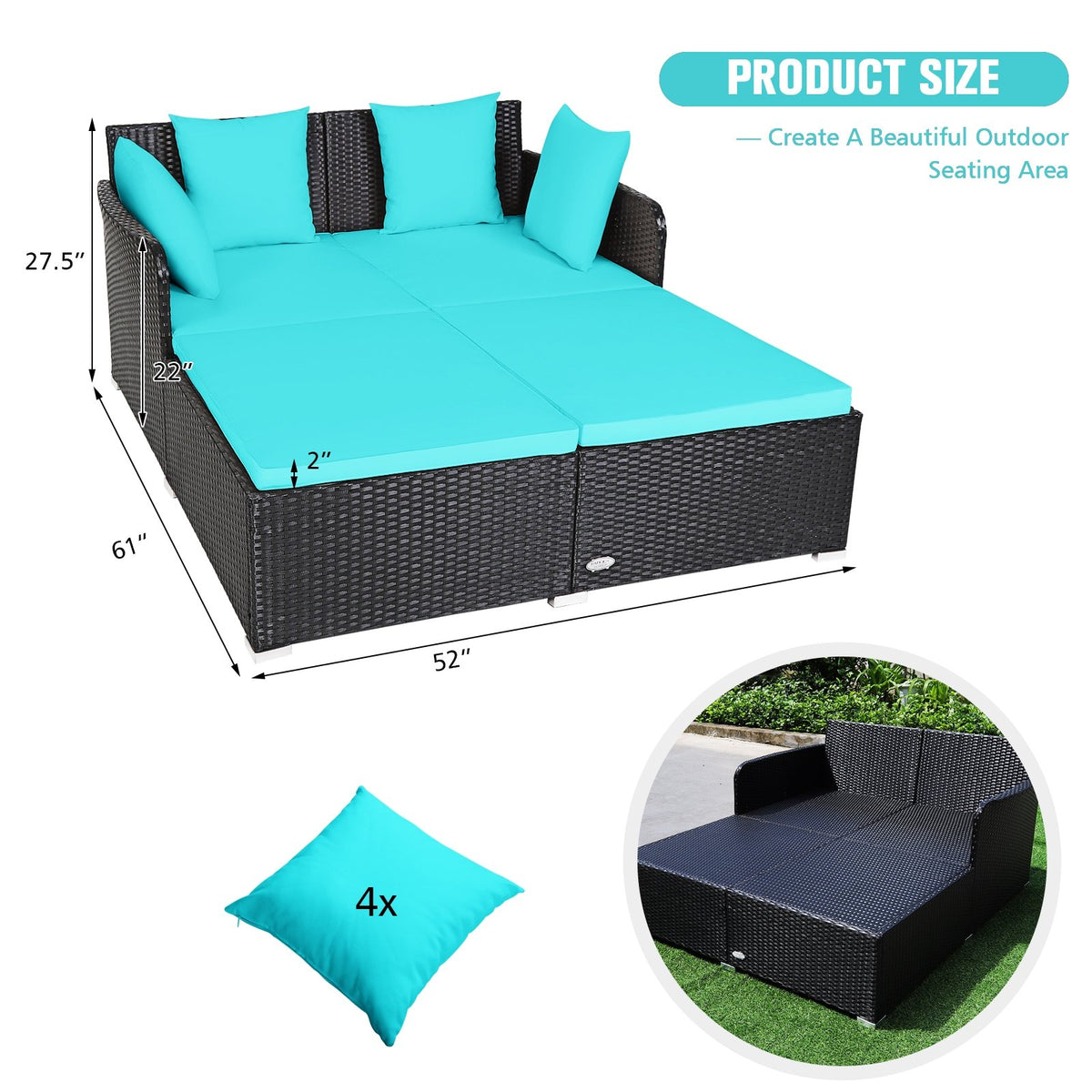 Spacious Outdoor Rattan Daybed with Upholstered Cushions and Pillows-Turquoise view 5