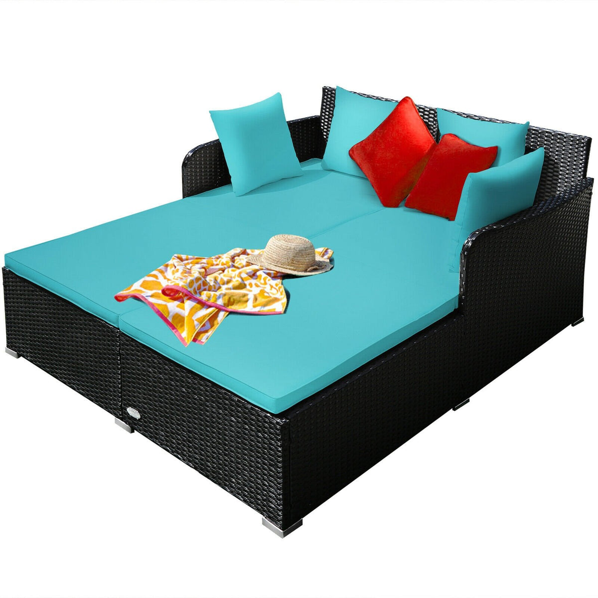 Spacious Outdoor Rattan Daybed with Upholstered Cushions and Pillows-Turquoise view 6