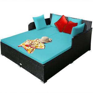 Spacious Outdoor Rattan Daybed with Upholstered Cushions and Pillows-Turquoise view 6
