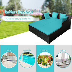 Spacious Outdoor Rattan Daybed with Upholstered Cushions and Pillows-Turquoise view 8