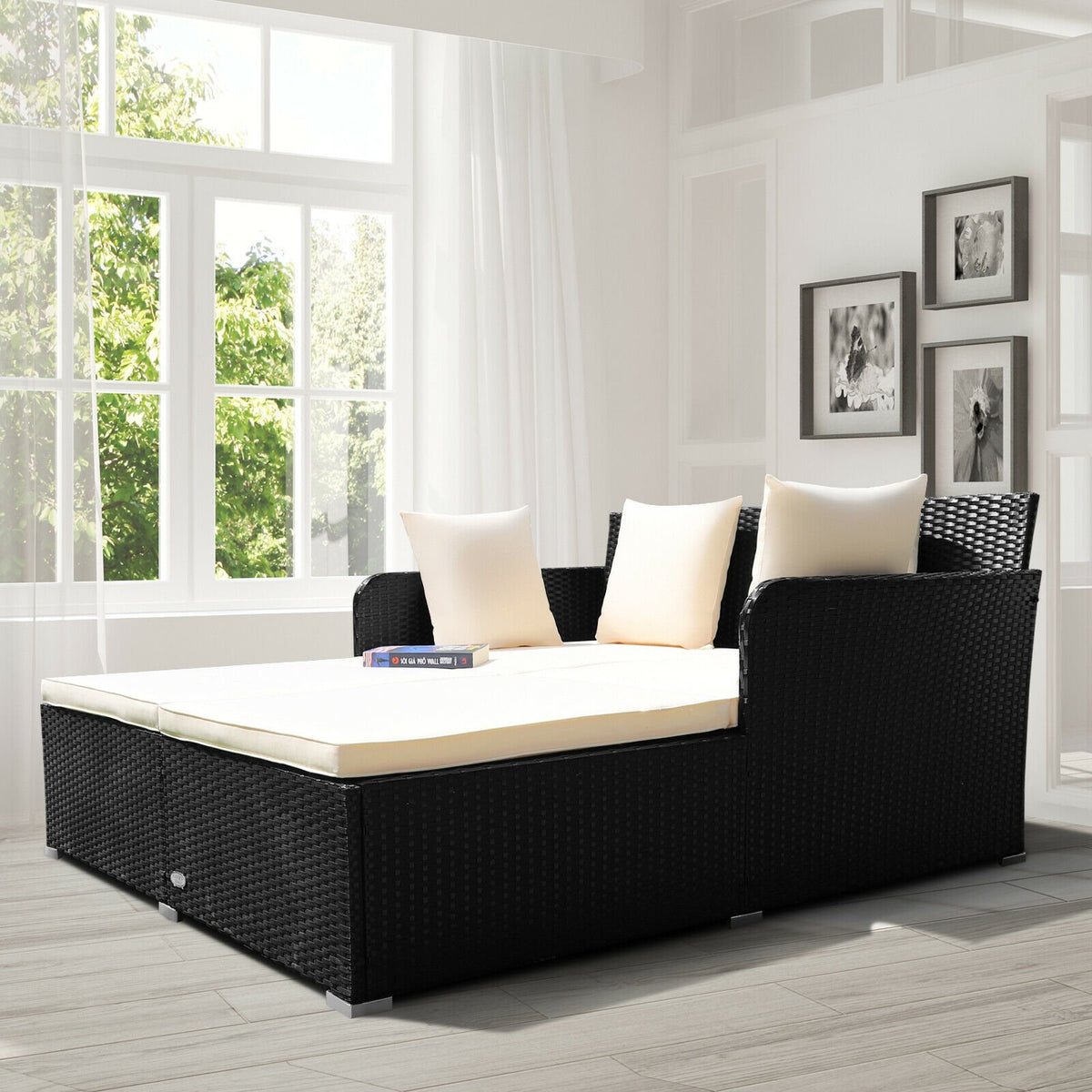 Spacious Outdoor Rattan Daybed with Upholstered Cushions and Pillows-White view 3