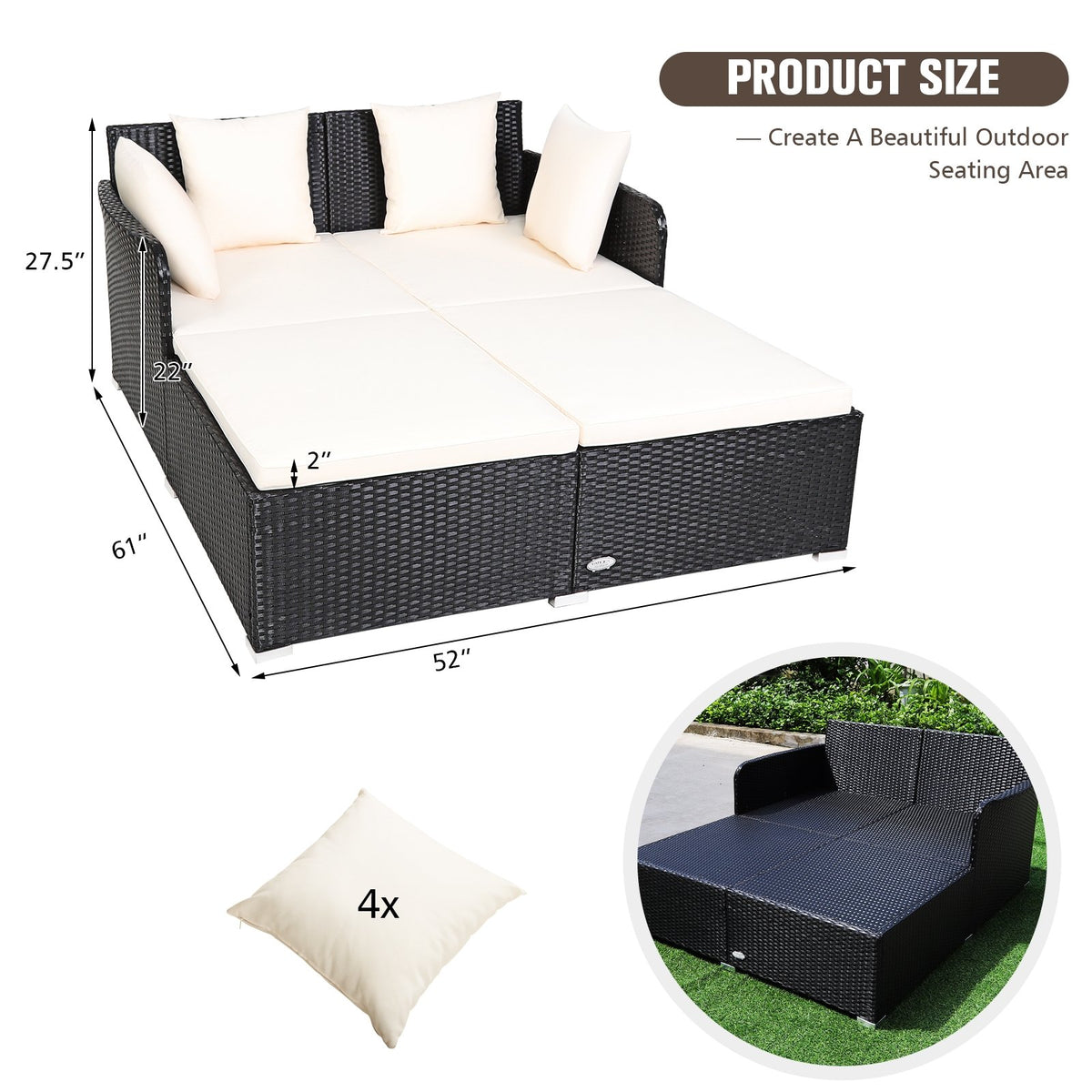 Spacious Outdoor Rattan Daybed with Upholstered Cushions and Pillows-White view 5