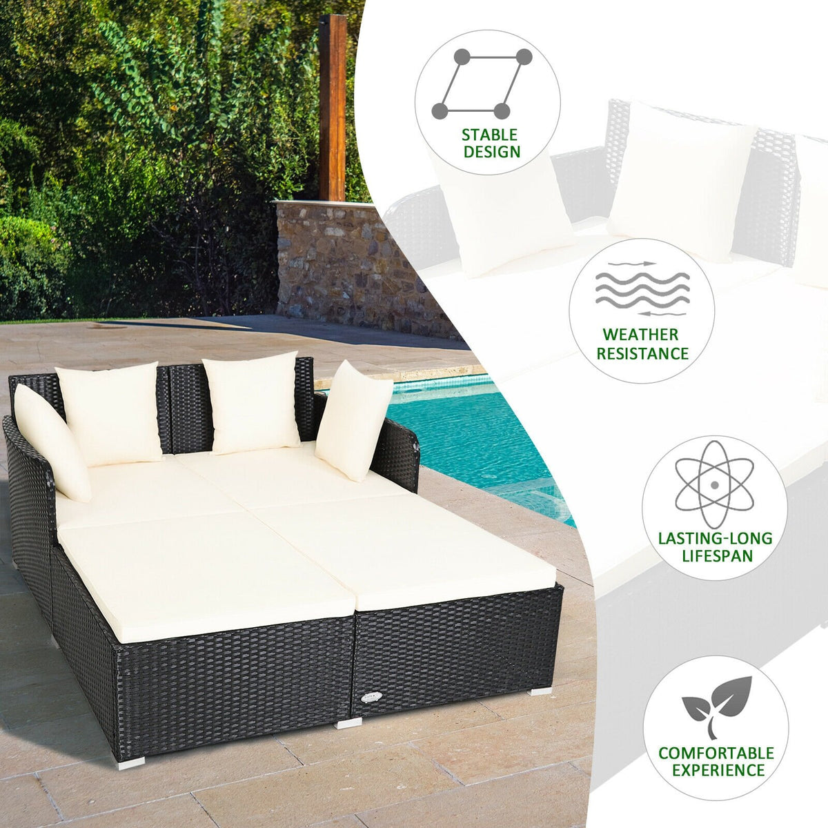Spacious Outdoor Rattan Daybed with Upholstered Cushions and Pillows-White view 8