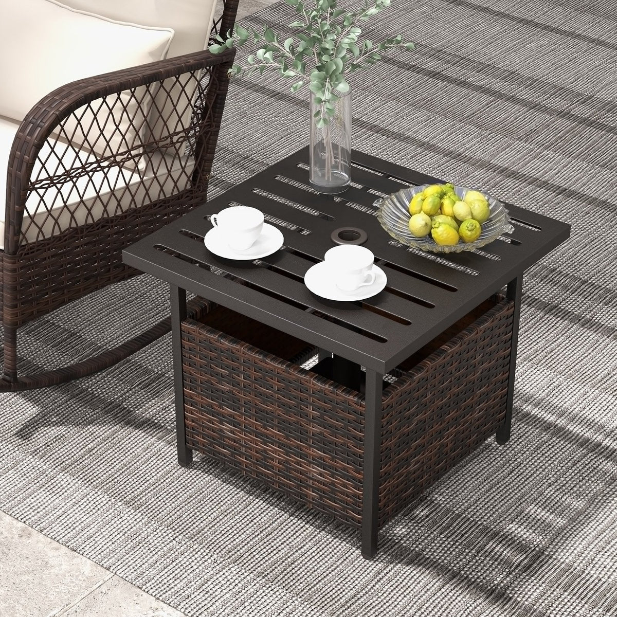 Outdoor Patio Rattan Wicker Steel Side Deck Table-Brown view 2