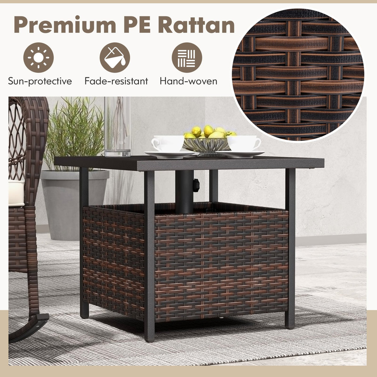 Outdoor Patio Rattan Wicker Steel Side Deck Table-Brown view 7