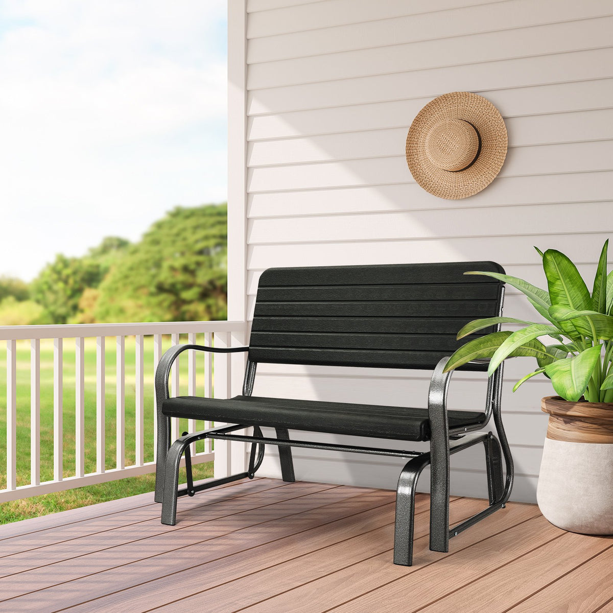2-Seat Porch Glider with HDPE Back Seat and Steel Frame-Black view 3