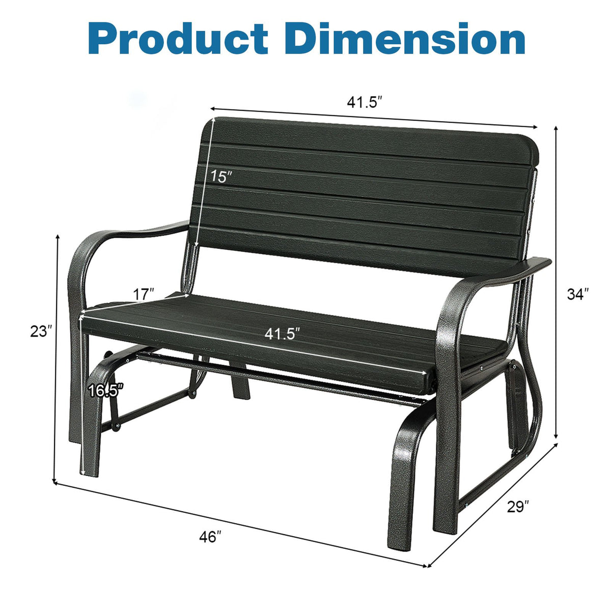 2-Seat Porch Glider with HDPE Back Seat and Steel Frame-Black view 4