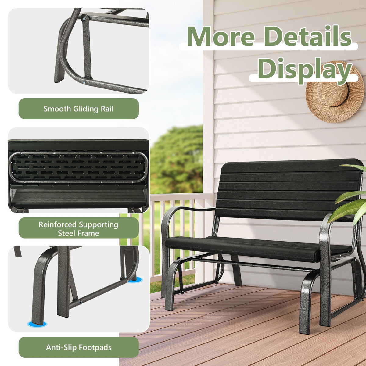 2-Seat Porch Glider with HDPE Back Seat and Steel Frame-Black view 6