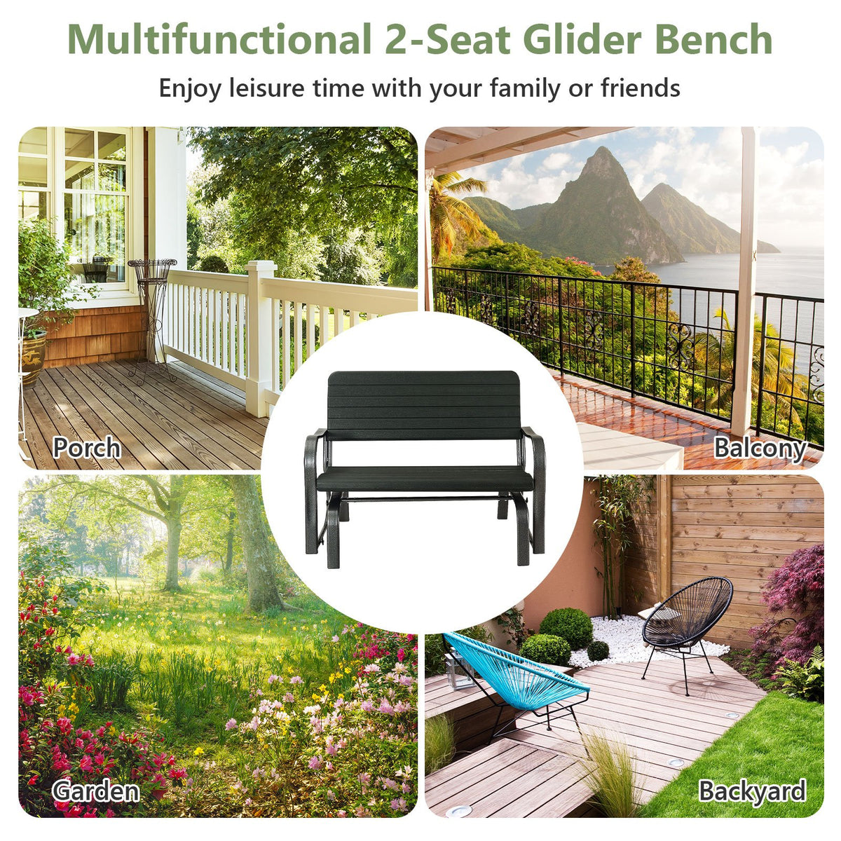 2-Seat Porch Glider with HDPE Back Seat and Steel Frame-Black view 8