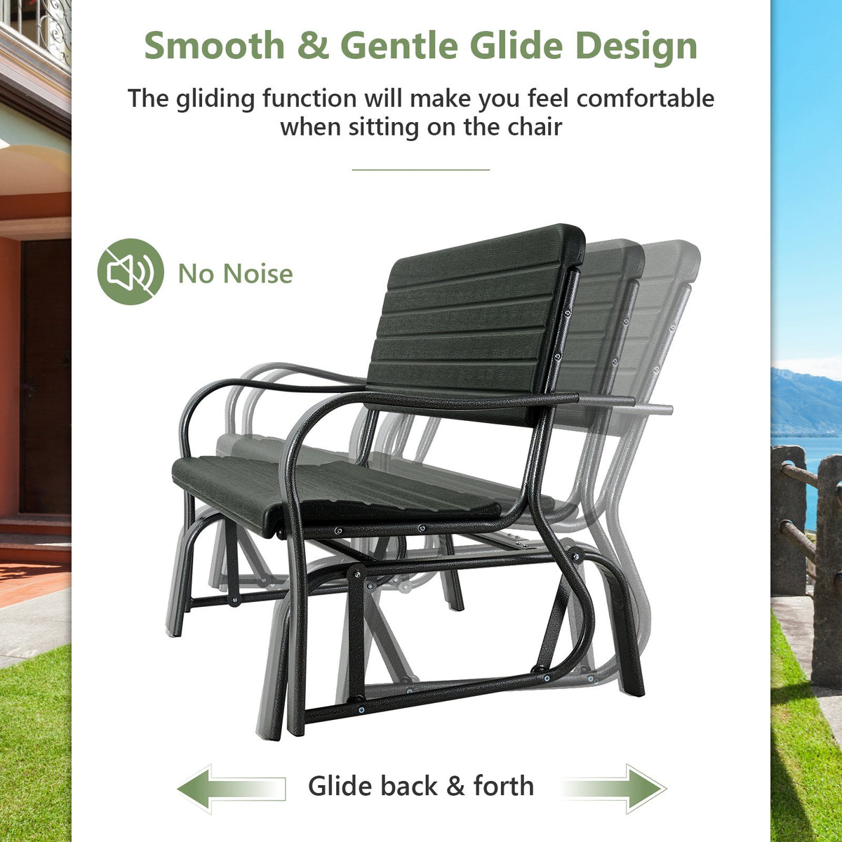 2-Seat Porch Glider with HDPE Back Seat and Steel Frame-Black view 9