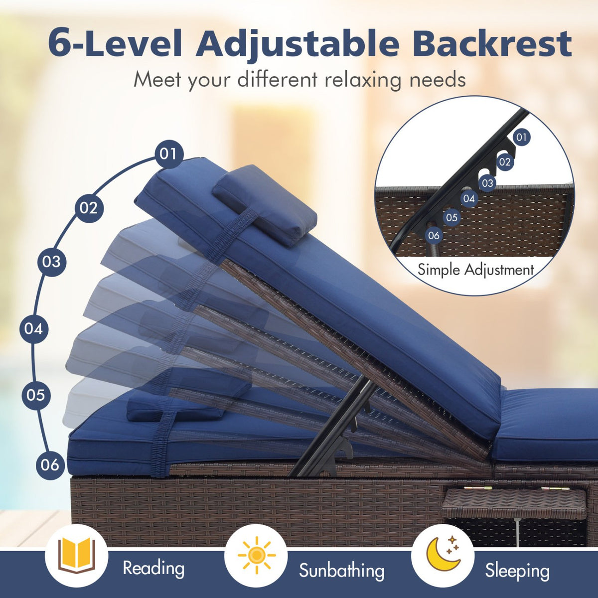 Outdoor PE RattanChaise Lounge with 6-level Backrest-Navy view 6