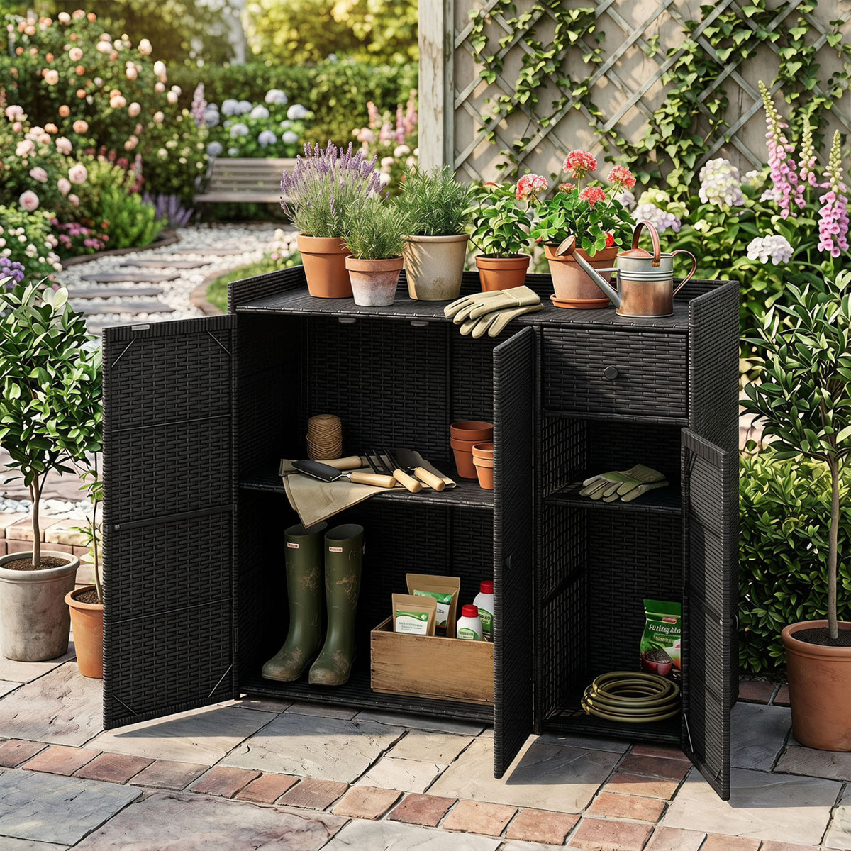 Outdoor PE Wicker Storage Cabinet with 3 Doors and Adjustable Shelves and Drawer-Black view 2