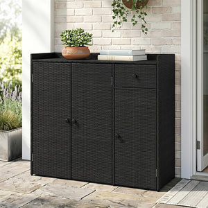 Outdoor PE Wicker Storage Cabinet with 3 Doors and Adjustable Shelves and Drawer-Black view 3