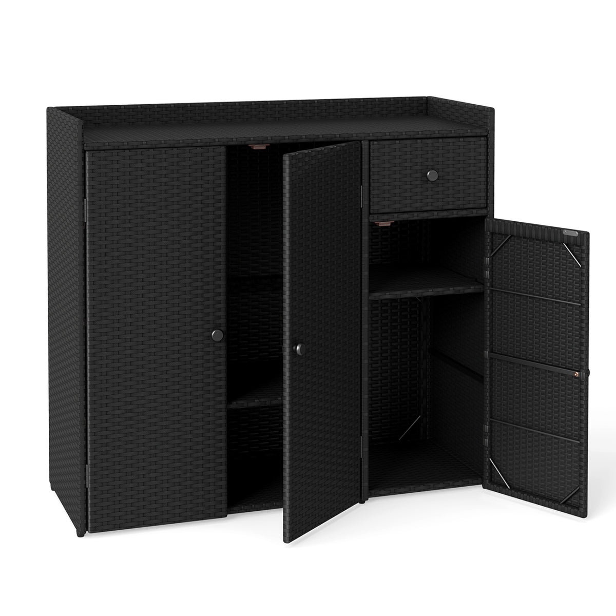 Outdoor PE Wicker Storage Cabinet with 3 Doors and Adjustable Shelves and Drawer-Black view 4