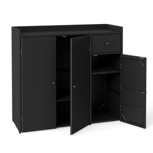Outdoor PE Wicker Storage Cabinet with 3 Doors and Adjustable Shelves and Drawer-Black view 4
